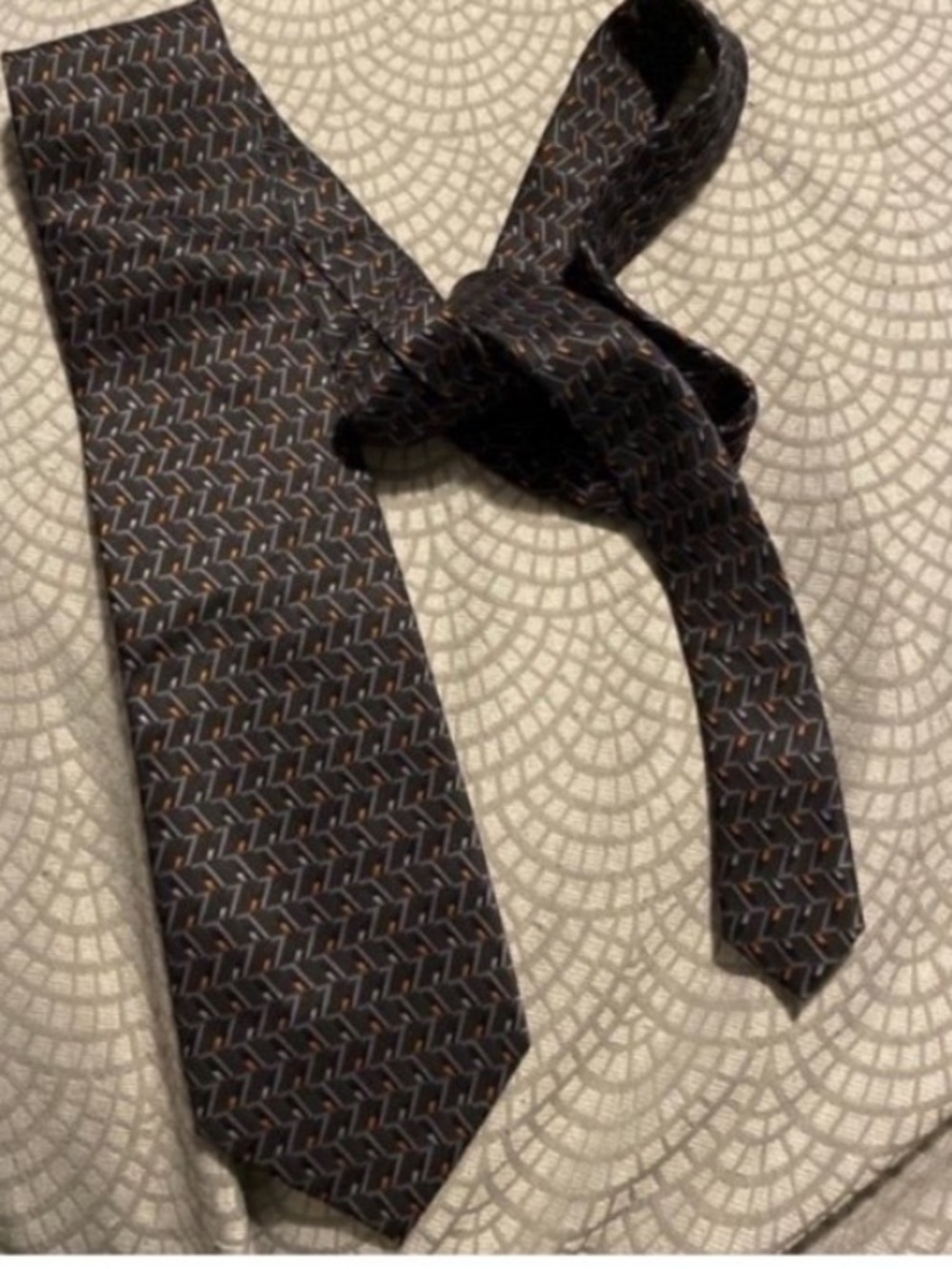 Geoffrey Beene Black Silk Tie with Blue and Orange Geometric Pattern